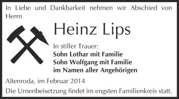 Traueranzeige von Heinz Lips von WVG - Wochenspiegel Merseburg