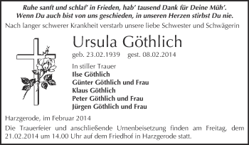 Traueranzeige von Ursula Göthlich von Super Sonntag Quedlinburg