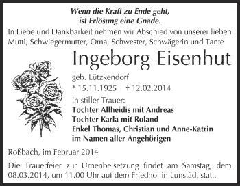 Traueranzeige von Ingeborg Eisenhut von WVG - Wochenspiegel Merseburg