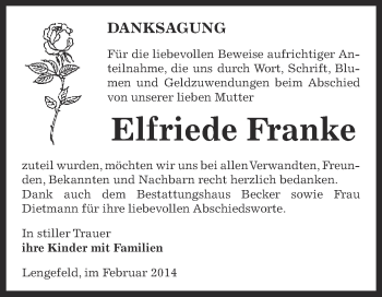 Traueranzeige von Elfriede Franke von Super Sonntag SGH Mansf. Land