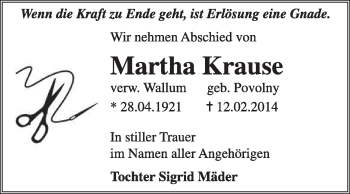 Traueranzeige von Martha Krause von Super Sonntag Dessau / Köthen