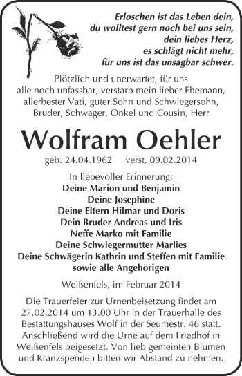 Traueranzeige von Wolfram Oehler von WVG - Wochenspiegel NMB / WSF / ZTZ
