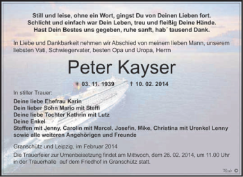 Traueranzeige von Peter Kayser von WVG - Wochenspiegel NMB / WSF / ZTZ