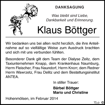 Traueranzeige von Klaus Böttger  von WVG - Wochenspiegel NMB / WSF / ZTZ