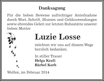 Traueranzeige von Luzie Losse von WVG - Wochenspiegel Bitterfeld