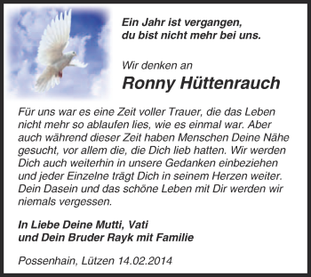 Traueranzeige von Ronny Hüttenrauch von WVG - Wochenspiegel NMB / WSF / ZTZ