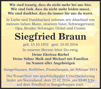 Traueranzeige von Siegfried Braun von Super Sonntag SGH Mansf. Land