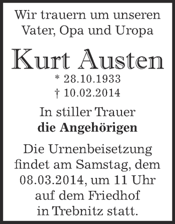 Traueranzeige von Kurt Austen von Super Sonntag Bernburg