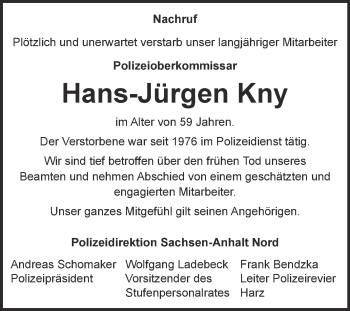 Traueranzeige von Hans-Jürgen Kny von WVG - Wochenspiegel Quedlinburg