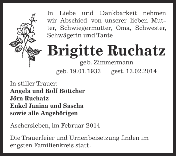 Traueranzeige von Brigitte Ruchatz von Super Sonntag Aschersleben