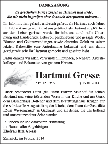 Traueranzeige von Hartmut Gresse von WVG - Wochenspiegel Wittenberg