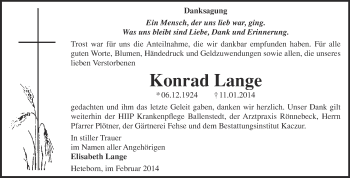Traueranzeige von Konrad Lange von WVG - Wochenspiegel Quedlinburg