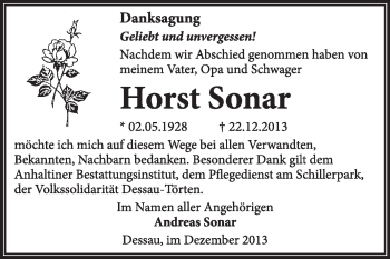 Traueranzeige von Horst Sonar von Super Sonntag Dessau / Köthen
