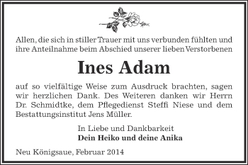 Traueranzeige von Ines Adam von Super Sonntag Aschersleben