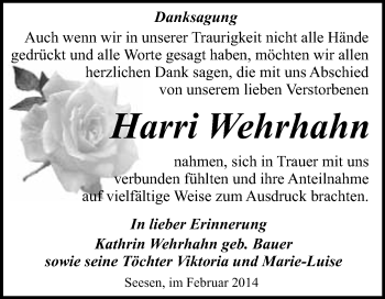 Traueranzeige von Harri Wehrhahn von WVG - Wochenspiegel Quedlinburg