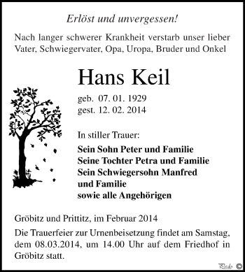 Traueranzeige von Hans Keil von WVG - Wochenspiegel NMB / WSF / ZTZ