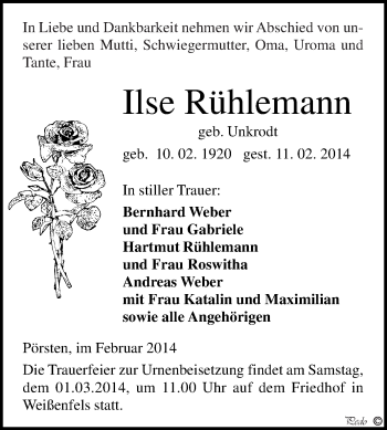 Traueranzeige von Ilse Rühlemann von WVG - Wochenspiegel NMB / WSF / ZTZ