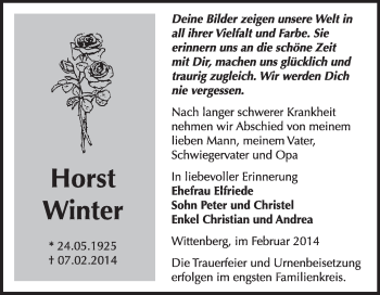 Traueranzeige von Horst Winter von WVG - Wochenspiegel Wittenberg