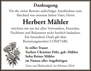 Traueranzeige von Herbert Mähler von Super Sonntag Zeitz