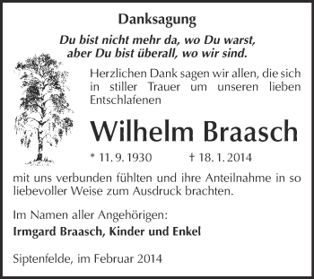 Traueranzeige von Wilhelm Braasch von WVG - Wochenspiegel Quedlinburg