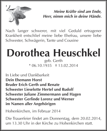 Traueranzeige von Dorothea Heuschkel von Super Sonntag Zeitz