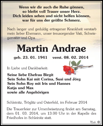 Traueranzeige von Martin Andrae von Super Sonntag Zeitz