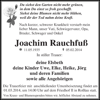 Traueranzeige von Joachim Rauchfuß von WVG - Wochenspiegel Dessau / Köthen