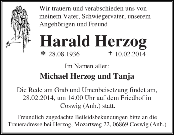 Traueranzeige von Harald Herzog von WVG - Wochenspiegel Dessau / Köthen