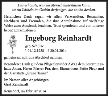 Traueranzeige von Ingeborg Reinhardt von Super Sonntag Wittenberg