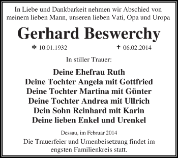 Traueranzeige von Gerhard Beswerchy von WVG - Wochenspiegel Dessau / Köthen