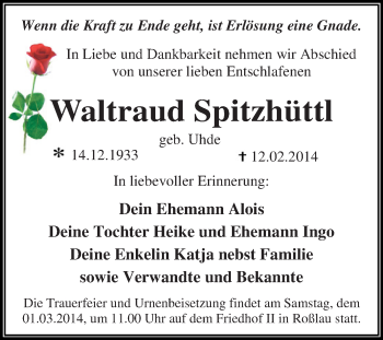 Traueranzeige von Waltraud Spitzhüttl von WVG - Wochenspiegel Dessau / Köthen