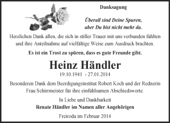 Traueranzeige von Heinz Händler von WVG - Wochenspiegel NMB / WSF / ZTZ