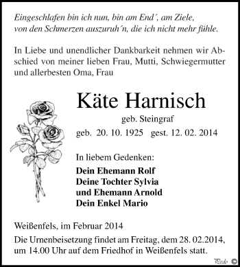 Traueranzeige von Käte Harnisch von WVG - Wochenspiegel NMB / WSF / ZTZ