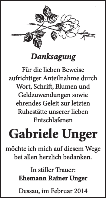 Traueranzeige von Gabriele Unger von Super Sonntag Dessau / Köthen