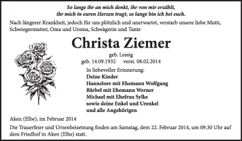 Traueranzeige von Christa Ziemer von Super Sonntag Dessau / Köthen