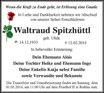 Traueranzeige von Waltraud Spitzhüttl von Super Sonntag Dessau / Köthen