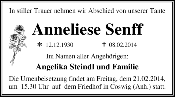 Traueranzeige von Anneliese Senff von Super Sonntag Dessau / Köthen