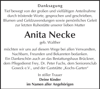 Traueranzeige von Anita Necke von WVG - Wochenspiegel NMB / WSF / ZTZ
