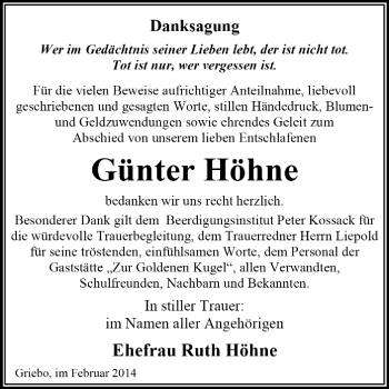 Traueranzeige von Günter Höhne von Super Sonntag Dessau / Köthen