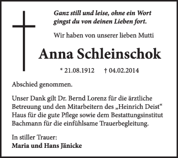 Traueranzeige von Anna Schleinshok von Super Sonntag Dessau / Köthen