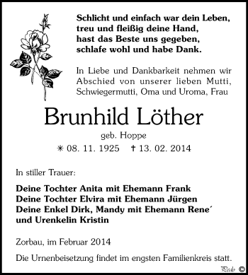 Traueranzeige von Brunhild Löther von WVG - Wochenspiegel NMB / WSF / ZTZ