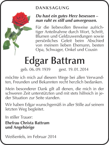 Traueranzeige von Edgar Battram von WVG - Wochenspiegel NMB / WSF / ZTZ