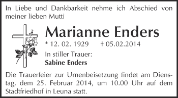 Traueranzeige von Marianne Enders von WVG - Wochenspiegel Merseburg