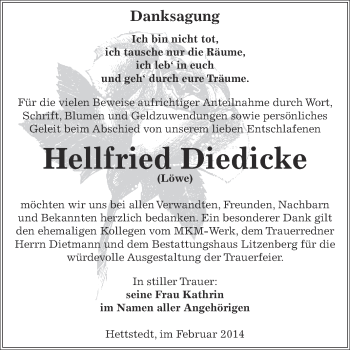 Traueranzeige von Hellfried Diedicke von Super Sonntag SGH Mansf. Land