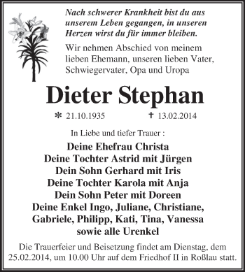 Traueranzeige von Dieter Stephan von WVG - Wochenspiegel Dessau / Köthen
