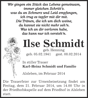 Traueranzeige von Ilse Schmidt von Super Sonntag Bernburg