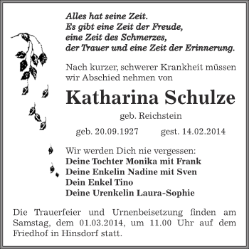 Traueranzeige von Katharina Schulze von WVG - Wochenspiegel Dessau / Köthen