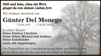 Traueranzeige von Günter Del Monego von Super Sonntag Zeitz