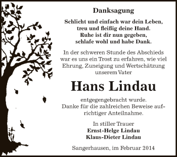 Traueranzeige von Hans Lindau von Super Sonntag SGH Mansf. Land