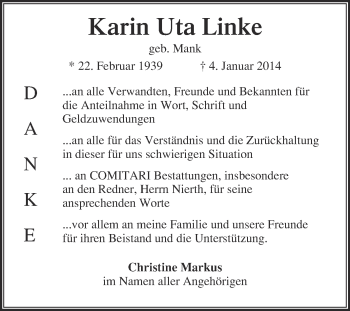Traueranzeige von Karin Uta Linke von WVG - Wochenspiegel NMB / WSF / ZTZ